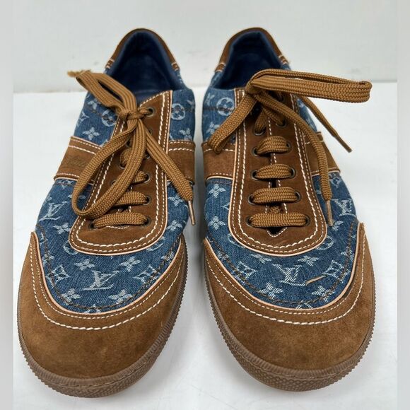 RARE LOUIS VUITTON MONOGRAM BLUE BROWN SNEAKERS SHOES - Picture 3 of 10